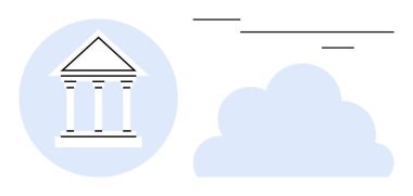 Minimalist çizgileri olan bir bulutun yanındaki klasik bina simgesi. Hükümet, hukuki teknoloji, dijital dönüşüm, bulut depolama, kamu hizmeti, veri güvenliği, basit düz metafor