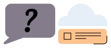 Bulut ve dosya kartının yanında soru işareti olan soru balonu. Teknoloji, depolama, iletişim, yardım masası, problem çözme, eğitim, bulut hesaplama için ideal. Basit bir düz metafor.