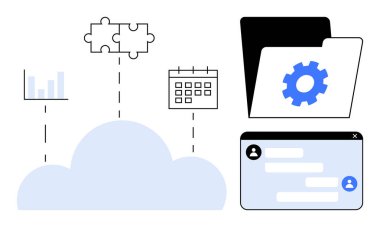 Haritaları birleştiren simgeler, bulmaca parçaları, takvim, dişli klasör ve sohbet penceresi. Takım çalışması, dijital araçlar, dosya yönetimi, SaaS yazılım bulut hesaplama basit iniş sayfası için ideal