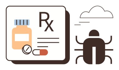 İlaç şişesi, haplar, RX sembolü ve büyük boy böcek sağlık, antibiyotik ve direncin altını çiziyor. Sağlık, tıp eğitimi, mikrobiyoloji, ilaç araştırmaları, farmakoloji hastalıkları için ideal