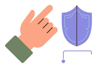 Siber güvenlik, veri koruması, güvenlik erişimi, şifreleme, gizlilik, kimlik doğrulama ve teknolojiyi basit bir metaforda tasvir eden devre çizgileri olan bir kalkanın yakınındaki bir el.