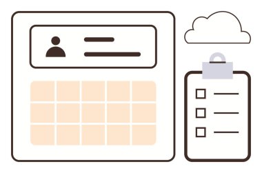 Özet ayrıntıları olan kullanıcı profili paneli, takvim ızgarası, kontrol listesi paneli ve bulut simgesi. Üretkenlik, görev yönetimi, organizasyon, bulut hizmetleri, iş akışı planlama ekibi için ideal