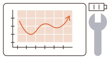 Çizgi çizelgesinde yukarı yönlü eğilim, ingiliz anahtarı ve pil göstergesi büyüme, optimizasyon ve enerjiyi simgeliyor. İlerleme, analiz, yenilik, bakım stratejisi verimliliği için ideal