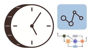 Zamanı temsil eden saat, bağlı sinirsel ağ sembolleri ve yapay zeka ile çalışan süreç şeması. Zaman yönetimi, AI, iş akışı optimizasyonu, planlama, teknoloji, veri ve dijital için ideal