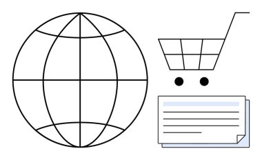 Küre, alışveriş arabası ve küresel ticareti, e-ticareti ve dijital ödemeleri temsil eden belgeler. İş, ticaret, teknoloji, küreselleşme için ideal internet perakende bağlantısı basit düz