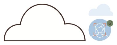 Biyometrik yüz tanıma çemberine sahip büyük bulut çizgisi yüz taraması ve yeşil işaret gösteriyor. Dijital güvenlik, teknoloji, bulut depolama, çevrimiçi güvenlik, kimlik doğrulama, veri için ideal