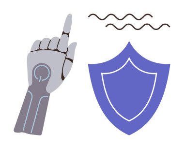 Robotik el kalkanın yanına uzanıyor. Dalgalı çizgiler korunmayı gösteriyor. Teknoloji için ideal, siber güvenlik, yapay zeka yeniliği, dijital güvenlik, gelecekteki kavramlar, robotik gelişmeler, basit düz alan