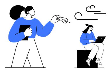 Yaprak tutan bir kadın, doğayı ve dengeyi somutlaştırırken, diğeri de yaratıcılığı, odaklanmayı ve üretkenliği simgeleyen bir dizüstü bilgisayar üzerinde çalışıyor. Takım çalışması için ideal, denge, uzak çalışma yaratıcılığı yeniliği