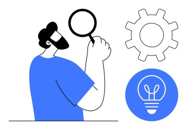 Elinde fikirlere ve çözümlere odaklı bir büyüteç tutan kişi. Dişliler süreçleri simgeler, ve ampul yeniliği simgeler. Sorun çözme, beyin fırtınası, yenilik ve analiz için ideal
