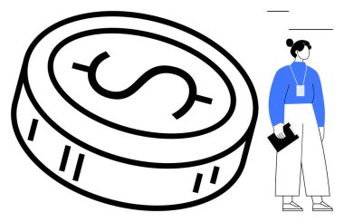 Finansmanı sembolize eden büyük bir para, elinde pano tutan bir kadın, ekonomik stratejiler üzerinde çalışıyor. İş, yatırım, tasarruf, ekonomi, bütçe, basit düz metafor planlaması için ideal