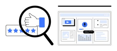 Ekranda gösterilen web analizlerinin yanı sıra, 5 yıldızlı notlara odaklanan büyüteç. Geri besleme yönetimi, kalite kontrolü, kullanıcı deneyimi, veri incelemesi, dijital için ideal