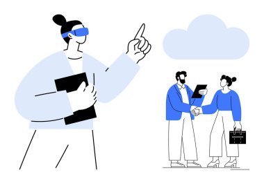 VR 'ı dijital bulut ile etkileşime sokan kişi, ağ oluşturmayı, yeniliği ve gelecekteki teknolojiyi sembolize eden iki profesyonel el sıkışıyor. Takım çalışması, işbirliği, dijital dönüşüm için ideal