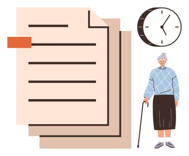 Saatin ve belgelerin yanında bastonu olan yaşlı bir kadın. Zaman yönetimi, yaşlanma, kıdemli bakım, planlama, yasal hizmetler, teslim tarihleri, sağlık politikaları için idealdir. Basit düz metafor