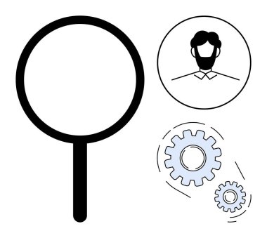 Arama için büyüteç, kullanıcı profili vesikalığı ve işlem geliştirme için vites. Analiz, adam toplama, araştırma, optimizasyon, takım çalışması teknolojisi ve yenilik için ideal. Temiz daire