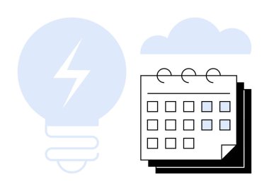 Yıldırımlı ampul, işaretli tarihli takvim ve bulut. Yenilik, programlama, zaman yönetimi, beyin fırtınası, yaratıcılık verimliliği planlamak için idealdir. Basit düz metafor