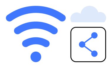 Bir bulut ve paylaşım ağı simgesinin yanında kablosuz sinyal dalgaları. Teknoloji, iletişim, bulut depolama, veri transferi, ağ erişimi, dijital çözümler, basit iniş sayfası için ideal