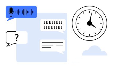 Mikrofon ve ses dalgalı konuşma balonu, mesaj kutusunda ikili kod, saat yüzlü ve bulut. İletişim için ideal, yapay zeka, makine öğrenme, zaman izleme, verimlilik dijital araçları basit düz