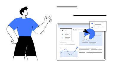 Etkileşimli gösterge paneline bakan adam grafikleri, grafikleri ve analizleri gösteriyor. İş analizi, veri görselleştirme, yönetim, sunum, raporlama, basit iniş sayfası için ideal