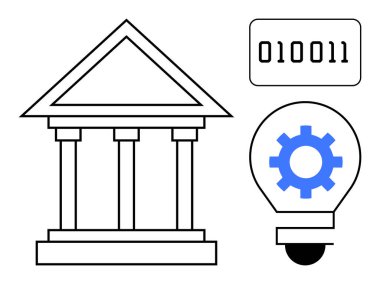 Klasik banka binası, ikili kod ve ampulün içindeki teçhizat dijital bankacılık, fintech ve yeniliği sembolize ediyor. Finans, teknoloji, yenilik, hükümet modernizasyon stratejisi için ideal