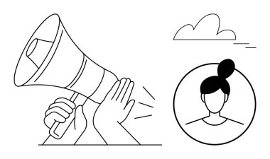 Eller megafon sesini durdurur, çember şeklinde yüz hatları çizer, basit gökyüzü elementleri. İletişim, sessizlik, protesto, kontrol, liderlik sosyal farkındalık ve minimalizm için idealdir. Basit düz metafor