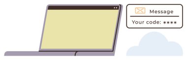 Boş ekranlı dizüstü bilgisayar ve kimlik doğrulama kodunu gösteren güvenlik mesajı. Siber güvenlik, gizlilik, teknolojik yenilik, çevrimiçi güvenlik, dijital iletişim, veri koruması, basit daire
