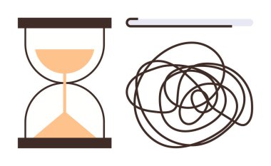 Kum saati, birbirine dolanmış iplik ve dikiş iğnesi sabır, zaman yönetimi ve çözüm bulma kavramları. Üretkenlik, zorluklar, odaklanma, strateji navigasyonu için ideal
