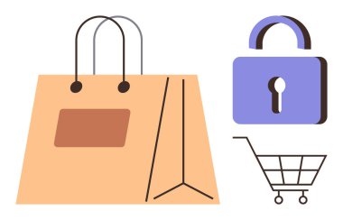 Alışveriş torbası, asma kilit ve el arabası güvenli online alım. E-ticaret, perakende, güvenlik, ödeme güvenliği, veri koruması, alışveriş uygulamaları için ideal basit düz metafor