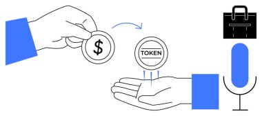 Yakındaki jeton, evrak çantası ve mikrofon alan başka bir ele para aktarıyorum. İş, teknoloji, finans, yatırım, kripto para birimi, dijital dönüşüm, modern