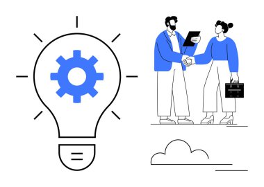 İçinde yeniliği sembolize eden ekipman bulunan büyük ampul. İki meslektaş el sıkışıyor. Ortaklık için ideal, takım işbirliği, yenilik, iş çözümleri, strateji, takım çalışması