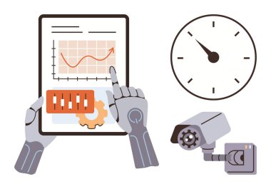Robot eller tableti çalıştırıyor. Tableti grafikler ve kontrollerle analiz ediyorlar. Saat zamanı, güvenlik kamerası da izlemeyi temsil ediyor. Yapay zeka, otomasyon, veri analizi, robot bilimi ve güvenlik için ideal