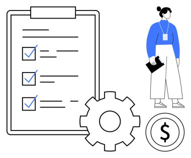 İşaretli görevleri olan büyük bir liste, dişli sembolize süreci, elinde belge tutan bir iş kadını. Planlama, organizasyon, iş akışı, verimlilik, takım çalışması stratejisi için ideal. Basit düz
