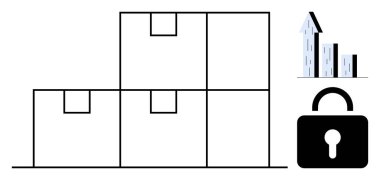 Yığılmış kutular ve kilit güvenli depo ya da lojistiği sembolize ediyor. Yukarı doğru eğilimli bir çubuk grafiği başarı, büyüme veya stratejiyi simgeler. E-ticaret, lojistik, büyüme stratejisi ve güvenlik için ideal