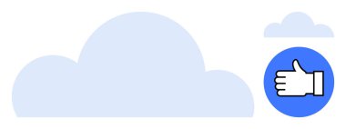 Geniş soyut bulut şekli, daha küçük bulut ve dairesel bir ikonun içinde baş parmak işareti. Bulut depolama, takım çalışması, dosya paylaşımı, sosyal ağ, veri transferi, iletişim, basit