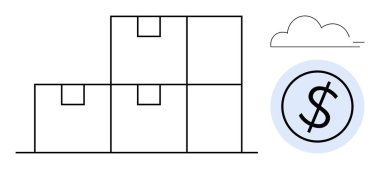 Kutular düzgünce istiflenmiş, bir dolar işareti, minimalist bulut. Nakliye, dağıtım, lojistik, fiyatlandırma, envanter yönetimi ticareti için ideal. Basit düz metafor