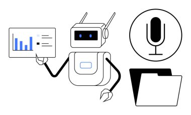 Robot, mikrofon ve klasör simgeleriyle birlikte veri içgörüleri sunuyor. Yapay zeka, veri analizi, otomasyon, robotik, iletişim, dosya yönetimi, basit iniş sayfası için ideal