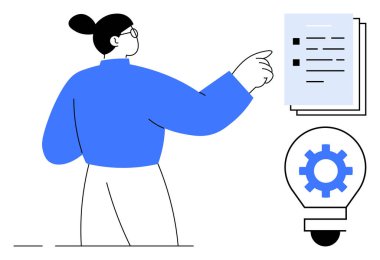 Yapılacaklar listesi olan istiflenmiş belgelere, yenilikleri, beyin fırtınasını ve planlamayı sembolize eden dişli ampullere işaret eden kişi. Üretkenlik, analiz, iş stratejisi ve takım çalışması için ideal