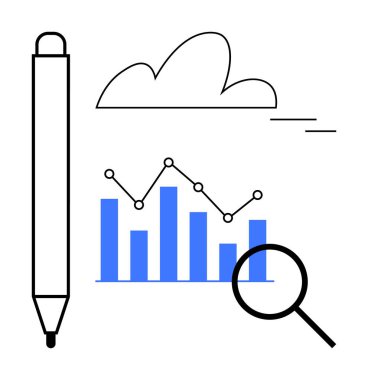 Çizgi grafiği, kalemi, büyüteci ve bulutu olan mavi çizgi grafiği. Veri analizi, iş büyümesi, araştırma, üretkenlik yaratıcılığı beyin fırtınası ve dijital konsept için ideal. Basit.
