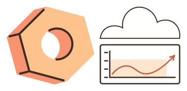 Veri analizleri, bulut hesaplaması, teknolojik gelişim, iş büyümesi, yenilik, optimizasyon ve başarıyı temsil eden, yukarı doğru eğilimli bir bulut ve grafiğin yanında altıgen dişli. İdeal