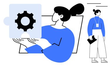 Başka bir kadın izleyerek, stratejiyi, takım çalışmasını, problem çözmeyi sembolize ederken bir kadın bulmaca parçasını elinde tutuyor. Yenilik, işbirliği, üretkenlik, iş akışı, liderlik çözümleri için ideal