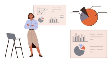 İş kadını veri analizini çubuk grafik, pasta grafiği, çizgi çizelgesi ve analitik görsellerle sunuyor. İş sunumu, liderlik, takım çalışması, strateji, analiz eğitimi büyümesi için ideal