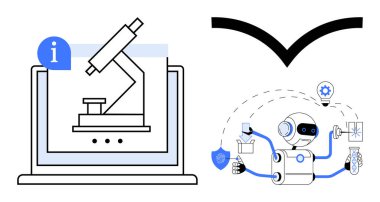 Bir dizüstü bilgisayar ekranında mikroskop görüntülendi ve birden fazla görev yapan, araç ve simgeleri olan bir robot. Bilim, robot bilimi, yapay zeka, otomasyon, teknoloji, eğitim ve yenilik için ideal. Basit düz metafor
