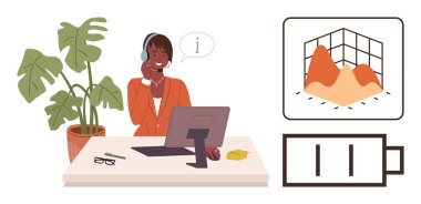 Masadaki kadın müşterilere yardım ediyor, yanında tropikal bitki, masaüstü bilgisayarı, analitik çizelgesi ve düşük pil ikonu. Müşteri hizmetleri, analitik, teknoloji ve ofis desteği için ideal