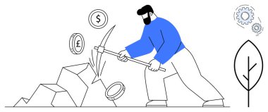 Bir adam kazma kullanarak taşlardan dolar ve avro işaretleri çıkararak servet yaratmayı ve yatırımı sembolize ediyor. Ekonomi, kripto para birimi, finans, tasarruf, iş büyümesi, kaynak için ideal