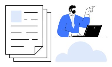 Ofis çalışanı dizüstü bilgisayarını kullanırken bulut grafikleri ve istiflenmiş belgelerle işaret ediyor. Bulut hesaplama, uzak çalışma, dijital depolama, işbirliği, teknoloji, yönetim, basit daire