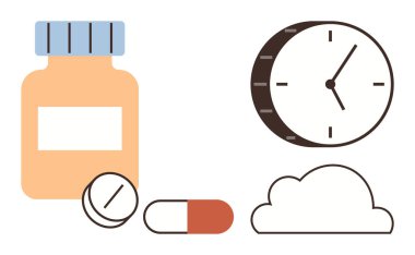 İlaç şişesi, iki hap, iki saat ve bulutlar ilaç zamanlamasını, sağlık yönetimini, sağlığını, rutinini, verimlilik zamanını ve basitliğini gösteriyor. Günlük sağlık tavsiyeleri için idealdir.