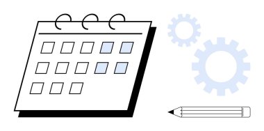 İşaretli tarihli takvim, süreç optimizasyonunu öneren dişliler ve planlama ve notlar için bir kalem. Zaman yönetimi, zamanlama, üretkenlik, organizasyon, proje planlaması, iş akışı için ideal