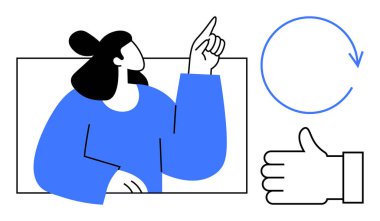 Yukarıyı gösteren kadın figürü, döngüyü gösteren dairesel ok, onay ya da geri bildirim için el hareketi. Motivasyon, yenilenme, müşteri memnuniyeti, takım çalışması, büyüme, geri bildirim için ideal