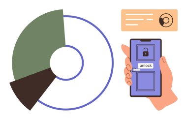 Kilit simgesi, kilit açma düğmesi, dairesel çizelgesi ve veri kartı olan akıllı telefon. Güvenlik, teknoloji, veri analizi, dijital güven, yetki, mobil uygulamalar için ideal