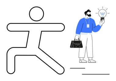 Evrak çantalı iş adamı soyut aktif figürün yanında parlayan ampulü tutuyor, yaratıcılığı, enerjiyi, yeniliği, verimliliği, problem çözmeyi, liderliği, motivasyonu teşvik ediyor. İdeal