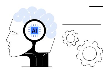 Kafa siluetinin içindeki yapay zeka çipi birbirine bağlı düğümler ve dişliler teknolojiyi, geleceği, yeniliği ve otomasyonu simgeliyor. Teknoloji, yapay zeka, makine eğitimi, robot bilimi, insan-makine için ideal